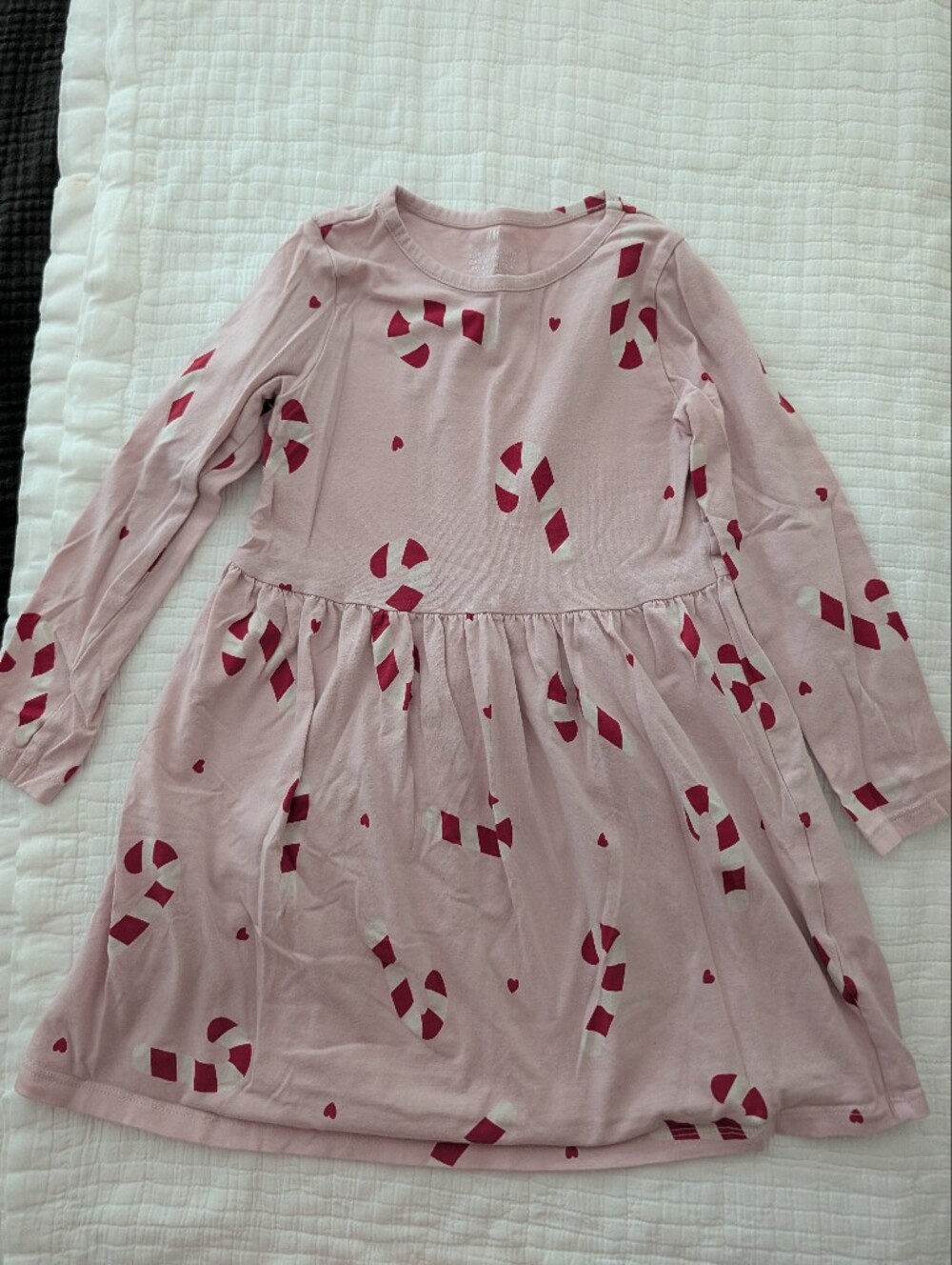 Pink Candy Cane Print Long Sleeve Girl's Dress